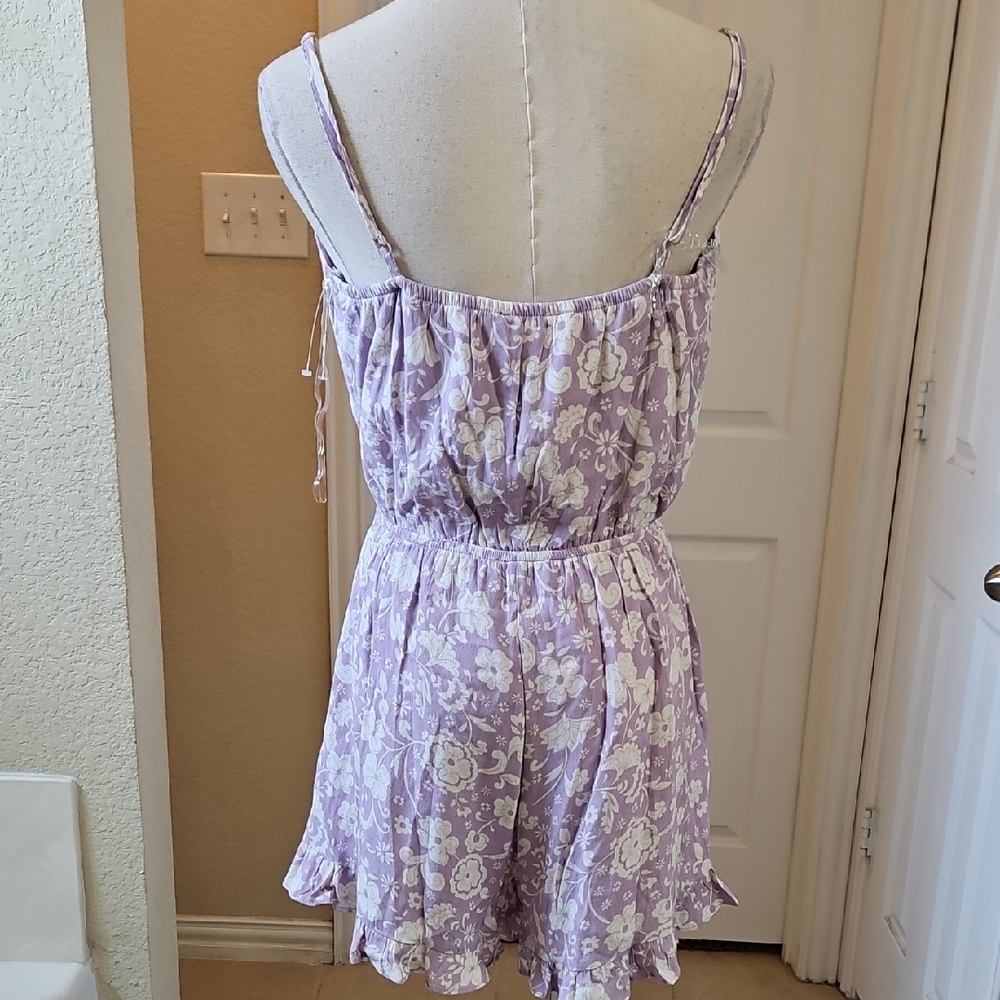 Crystal Doll Lilac and White Floral V Neck Spaghetti Strap Ruffle Hem Romper - Picture 7 of 9